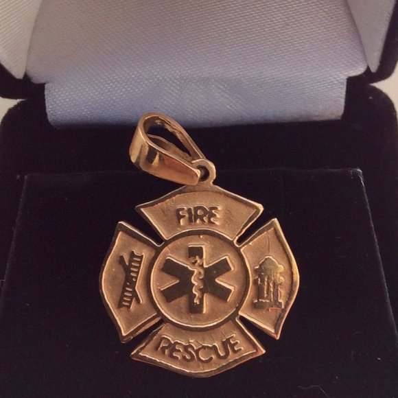 14k Gold Fire Resue with Cadieus symbol Maltese Cross Pendant - Picture 5 of 11
